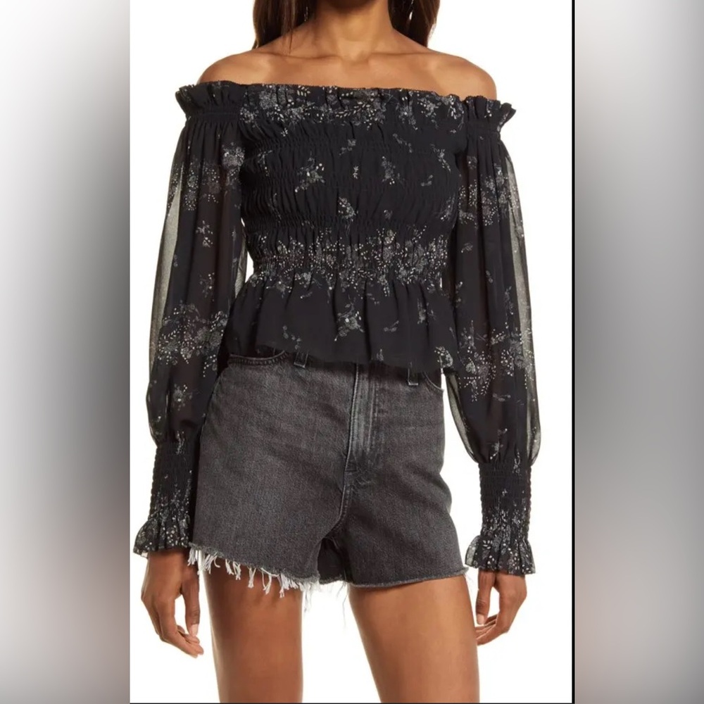 AllSaints Lara Floral Blouse Women 2 Black Excellent Smocked Off-Shoulder Top